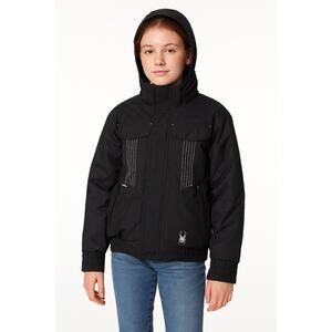 2010s Spyder Black with silver Kids Ski Jacket removable hood Size 14